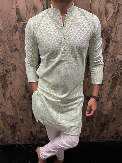 Men’s Light Green Kurta – Full Front & Back Embroidery with Golden Zari & Daman Work A34