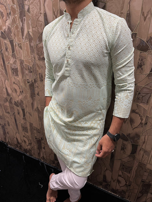 Men’s Light Green Kurta – Full Front & Back Embroidery with Golden Zari & Daman Work A34