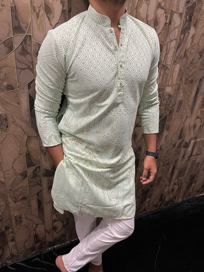 Men’s Light Green Kurta – Full Front & Back Embroidery with Golden Zari & Daman Work A34