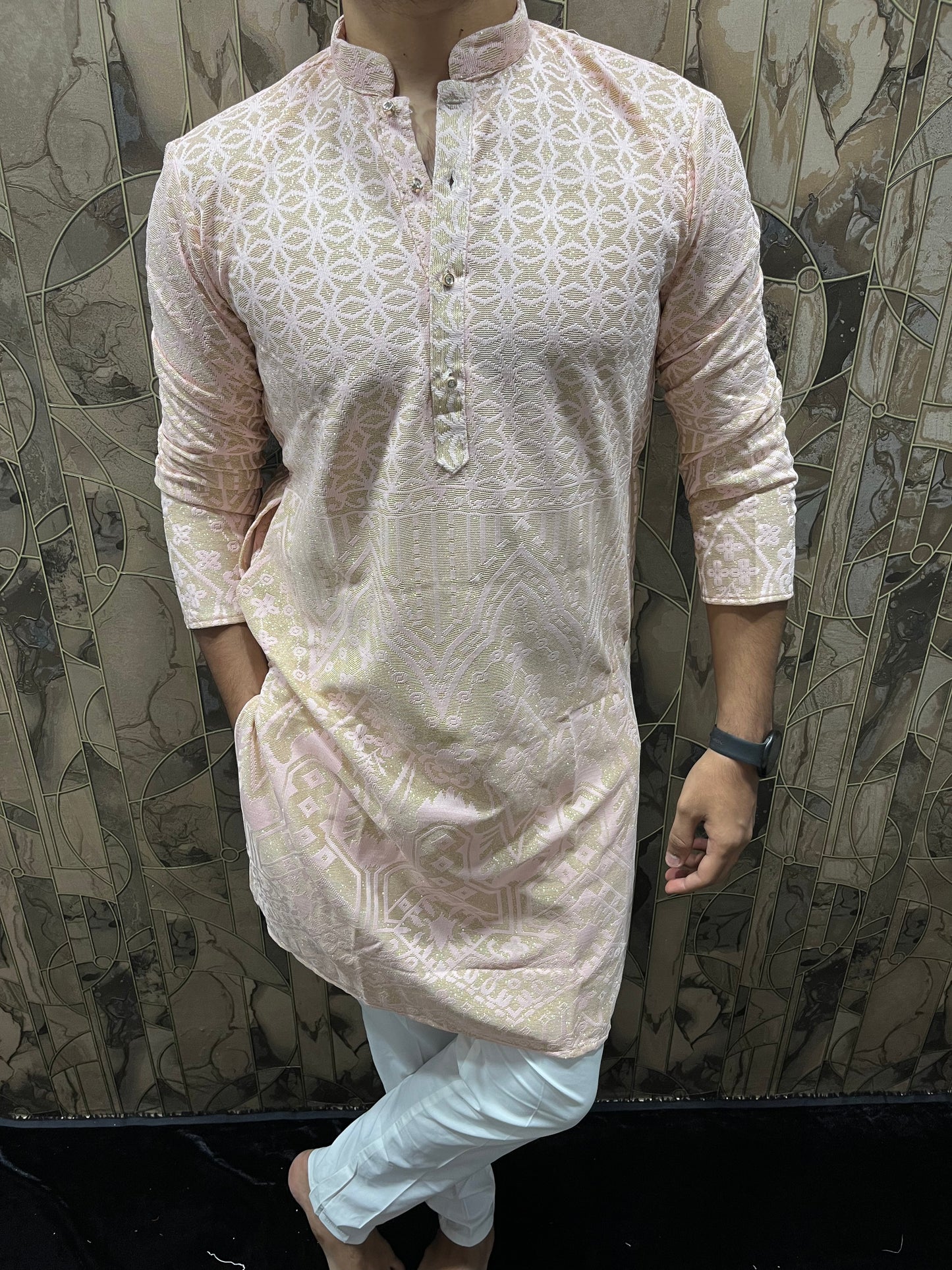 Men’s Light Pink Kurta – Full Front & Back Embroidery with Golden Zari & Daman Work A34