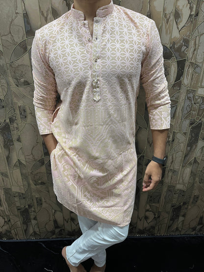 Men’s Light Pink Kurta – Full Front & Back Embroidery with Golden Zari & Daman Work A34
