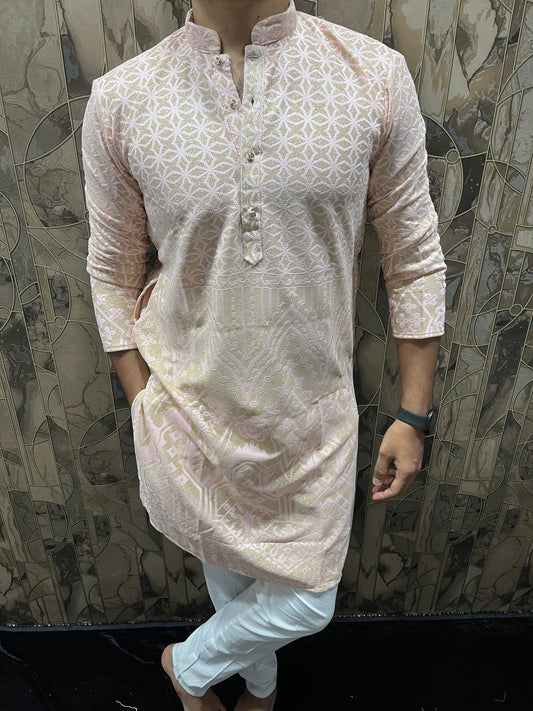Men’s Light Pink Kurta – Full Front & Back Embroidery with Golden Zari & Daman Work A34