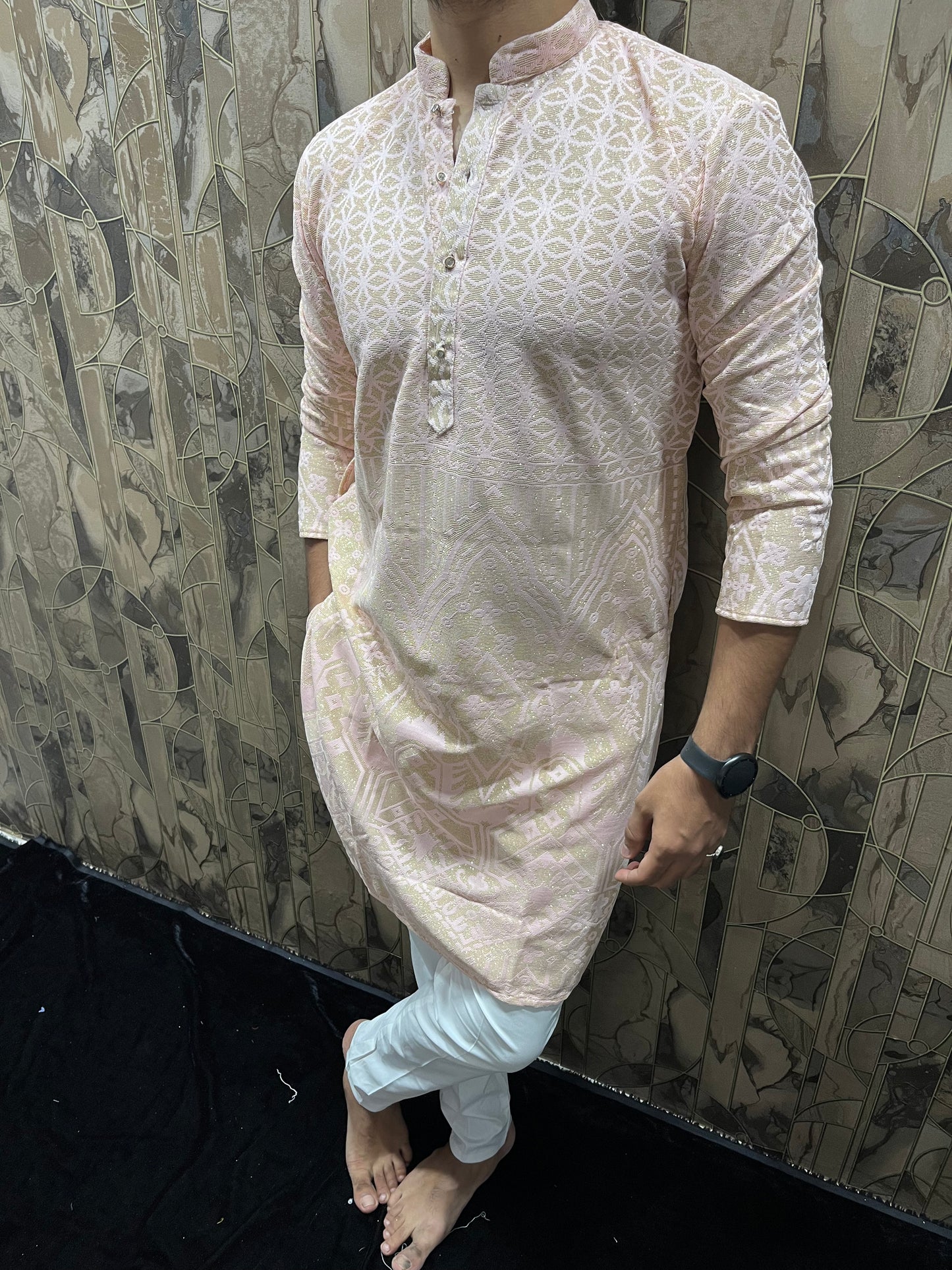Men’s Light Pink Kurta – Full Front & Back Embroidery with Golden Zari & Daman Work A34