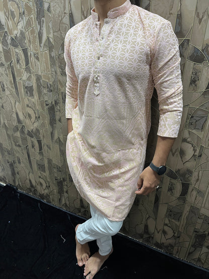 Men’s Light Pink Kurta – Full Front & Back Embroidery with Golden Zari & Daman Work A34