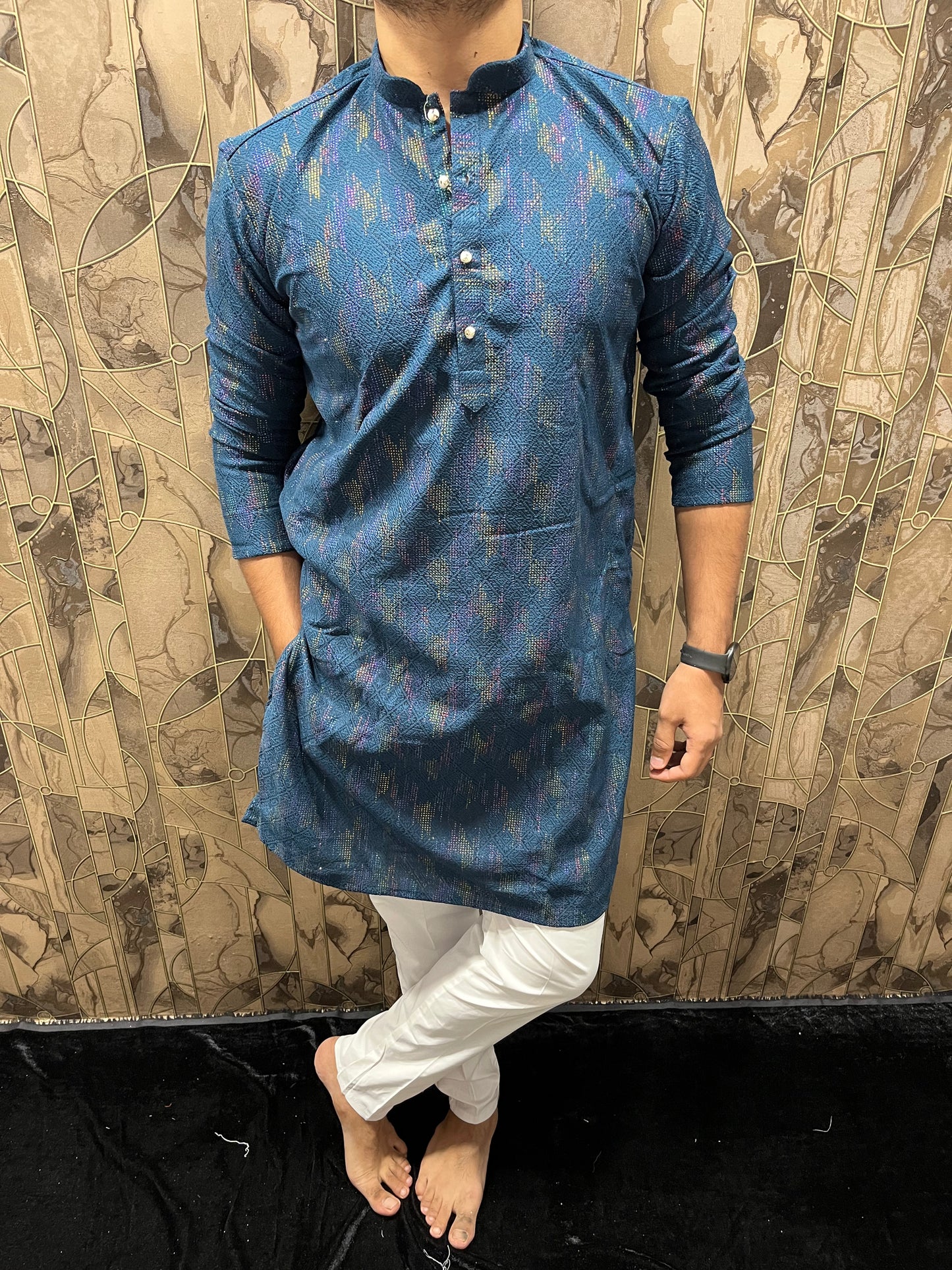 Men’s Blue Kurta – Full Front & Back Embroidery with Gold Detailing for Weddings & Festive Wear A36