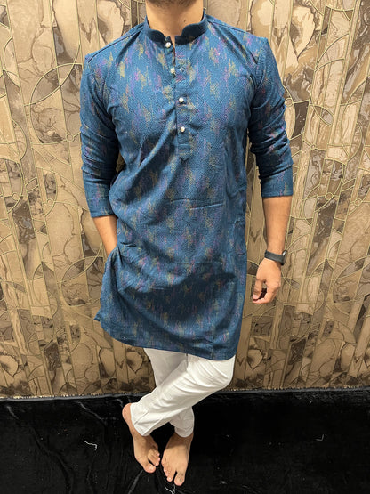Men’s Blue Kurta – Full Front & Back Embroidery with Gold Detailing for Weddings & Festive Wear A36