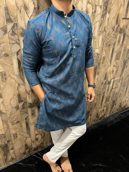 Men’s Blue Kurta – Full Front & Back Embroidery with Gold Detailing for Weddings & Festive Wear A36
