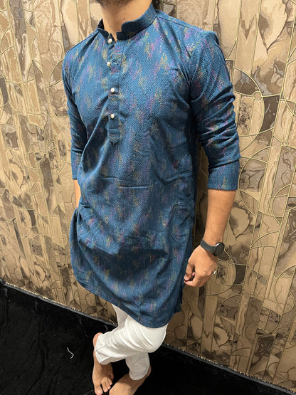 Men’s Blue Kurta – Full Front & Back Embroidery with Gold Detailing for Weddings & Festive Wear A36