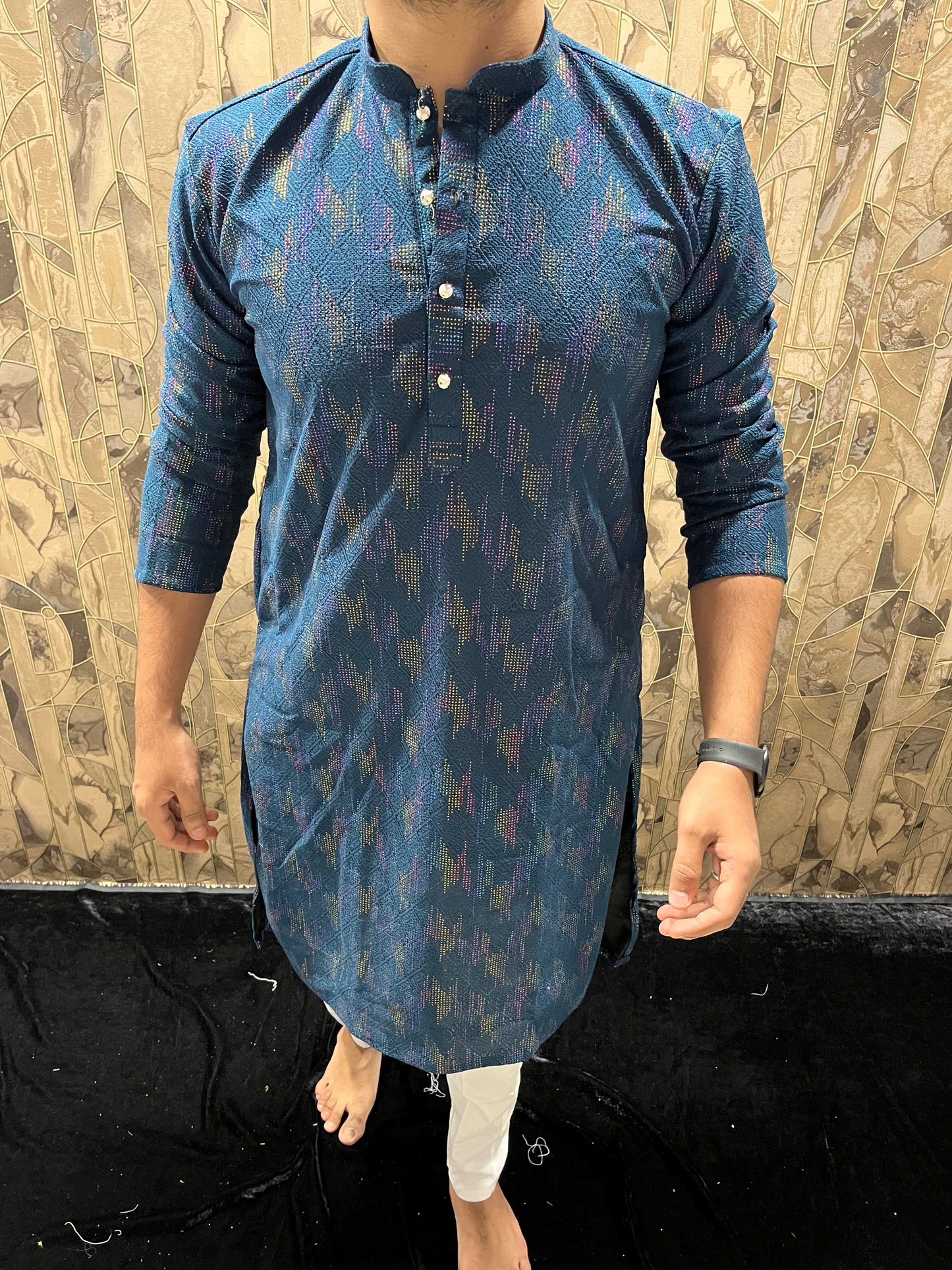 Men’s Blue Kurta – Full Front & Back Embroidery with Gold Detailing for Weddings & Festive Wear A36