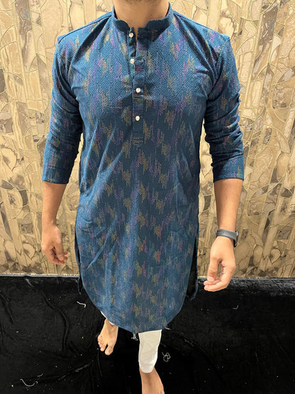 Men’s Blue Kurta – Full Front & Back Embroidery with Gold Detailing for Weddings & Festive Wear A36