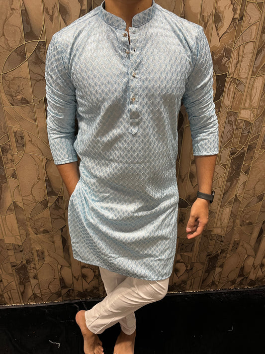 Men’s Sky Blue Kurta – Full Embroidery for Wedding & Festive Wear A35