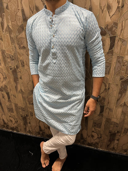 Men’s Sky Blue Kurta – Full Embroidery for Wedding & Festive Wear A35