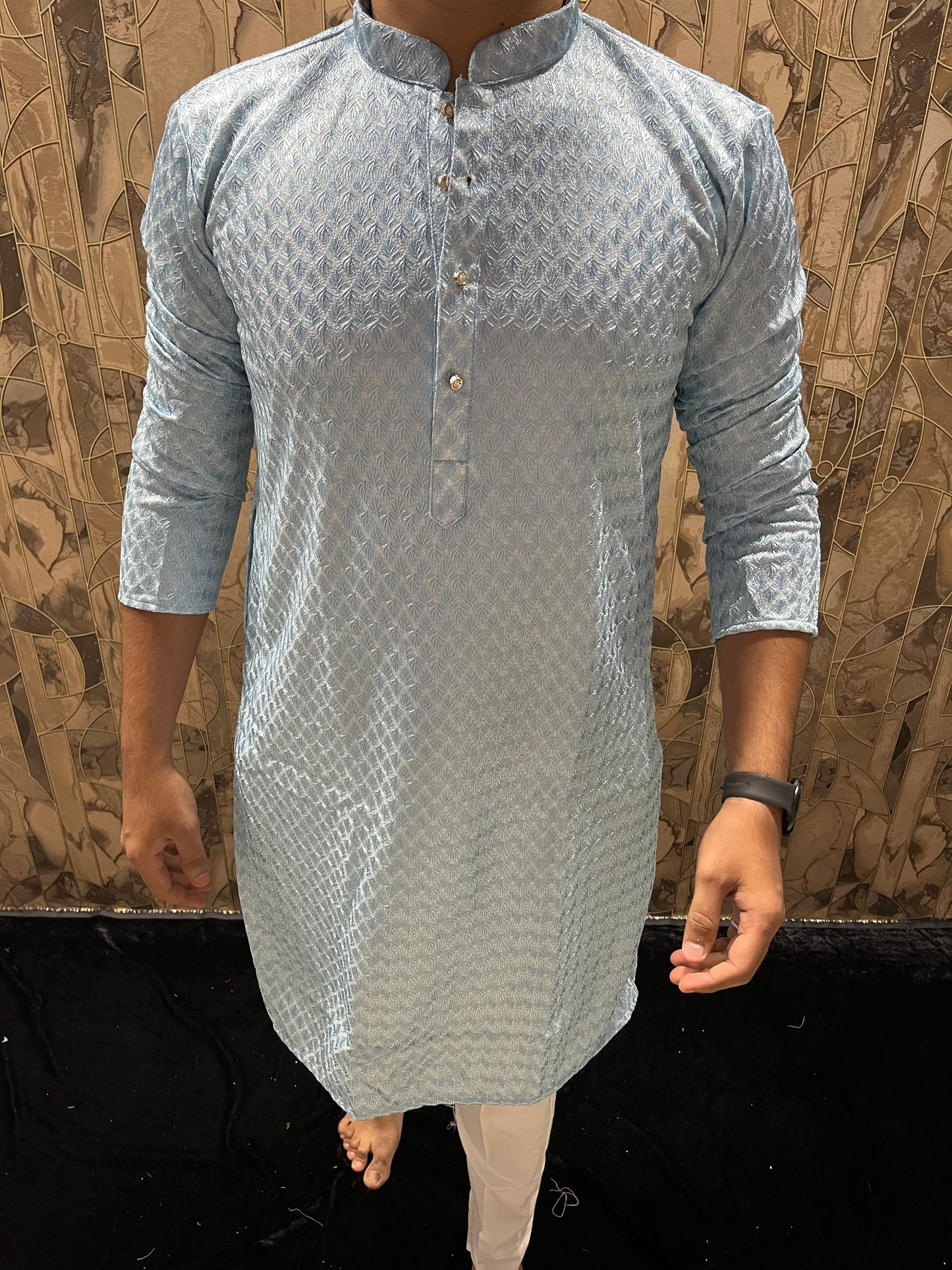 Men’s Sky Blue Kurta – Full Embroidery for Wedding & Festive Wear A35