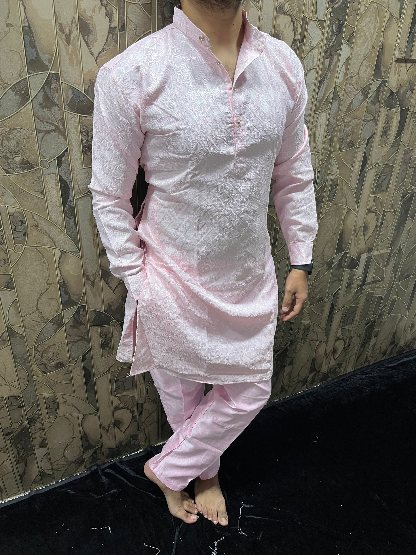 Men’s Pink Kurta Pajama Set – Cuffed Kurta with Chinese Collar & Polo Pants A23