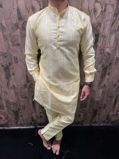 Men’s Yellow Kurta Pajama Set – Cuffed Kurta with Chinese Collar & Polo Pants A23