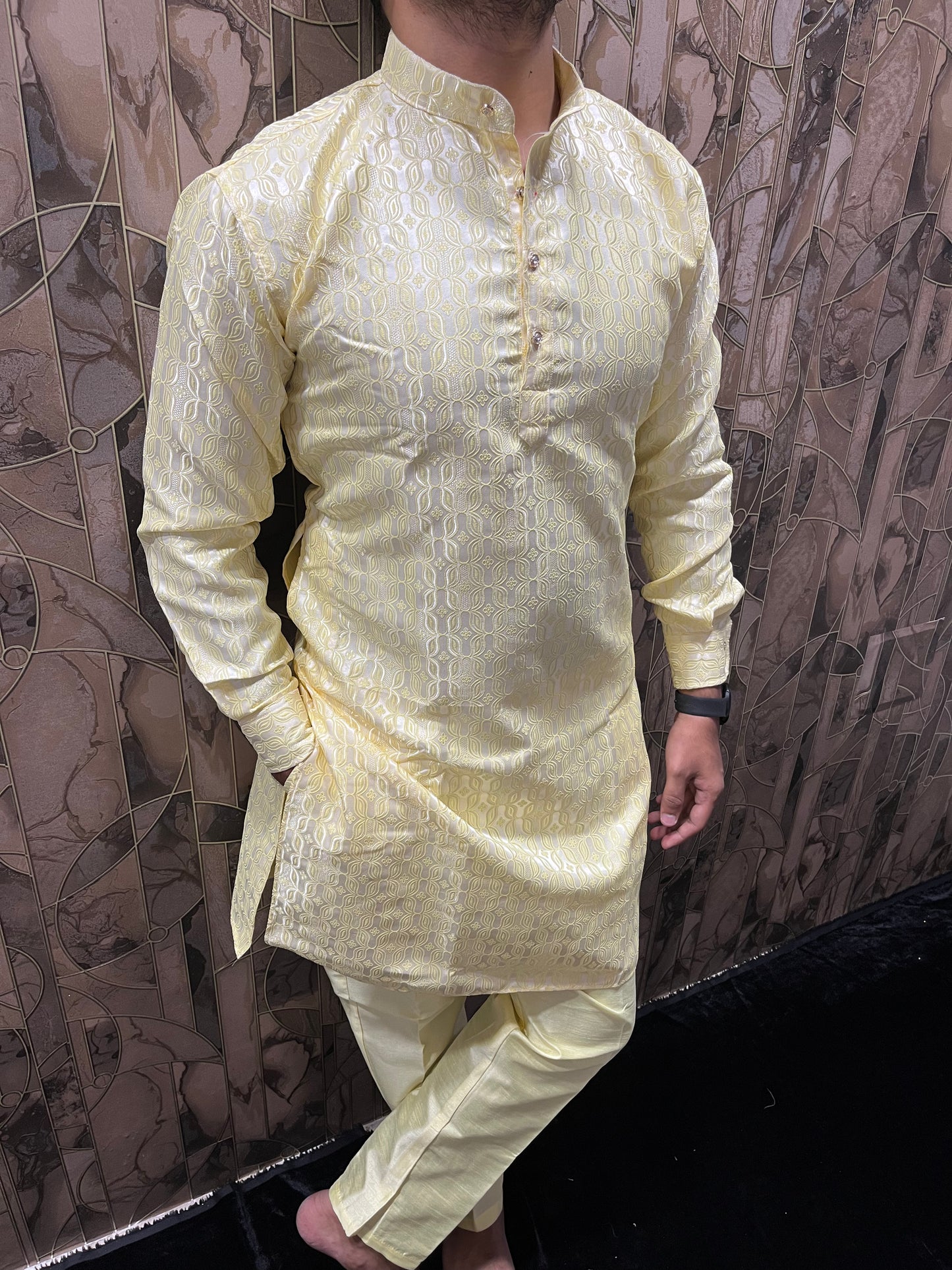 Men’s Yellow Kurta Pajama Set – Cuffed Kurta with Chinese Collar & Polo Pants A23