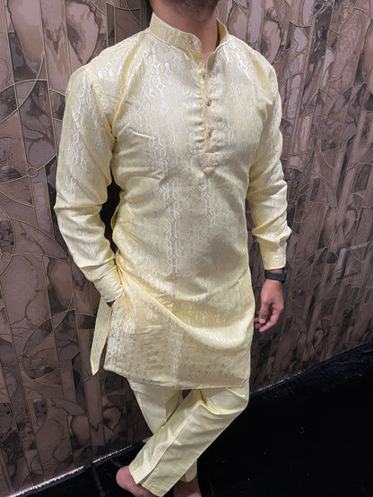 Men’s Yellow Kurta Pajama Set – Cuffed Kurta with Chinese Collar & Polo Pants A23