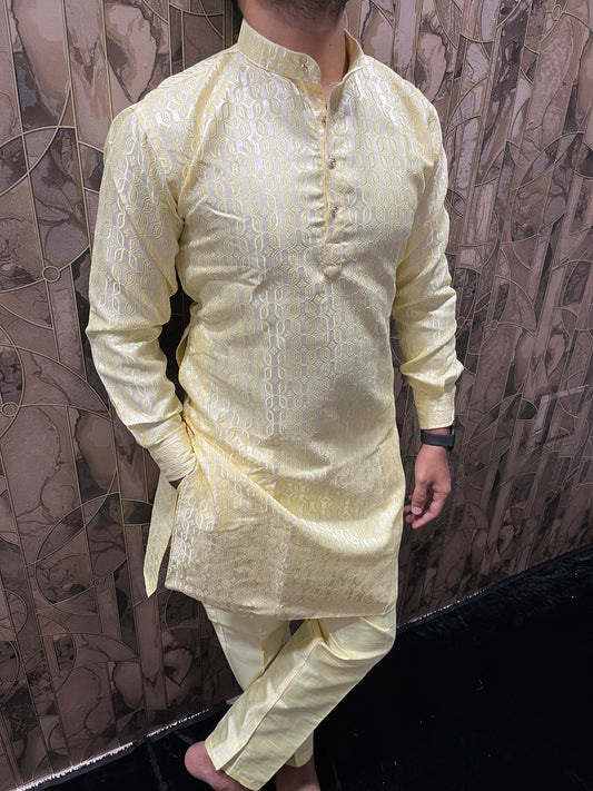 Men’s Yellow Kurta Pajama Set – Cuffed Kurta with Chinese Collar & Polo Pants A23