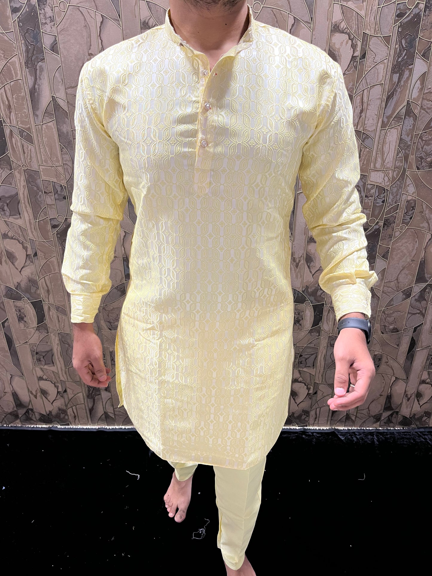 Men’s Yellow Kurta Pajama Set – Cuffed Kurta with Chinese Collar & Polo Pants A23
